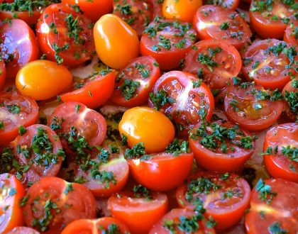 Bruschetta with tomatoes confit and fresh herbs